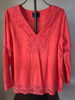Cynthia Rowley Women's Coral Linen Blend & Lace Top; Size M